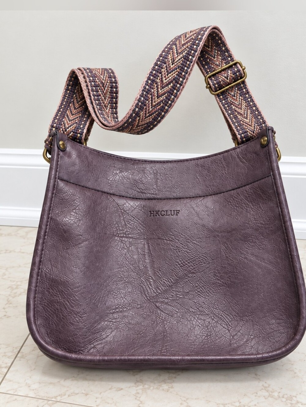 Mauve Textured Shoulder Bag with Woven Adjustable Strap. Gold Hardware.